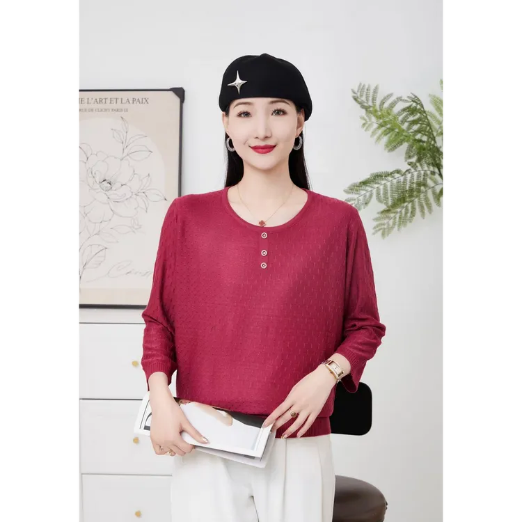 中老年人妈妈装2025年春季简约圆领纯色单件七分袖针织毛衣衫上衣