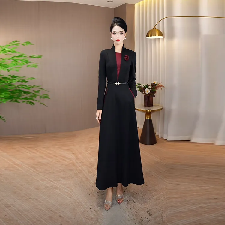 黑色连衣裙女2025秋季新款修身显瘦气质大摆裙子拼接优雅长袖长裙