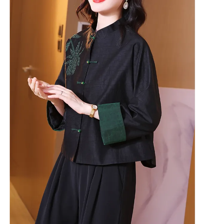 大气香云纱真丝短外套女气质上衣新中式刺绣优雅立领桑蚕丝唐装秋