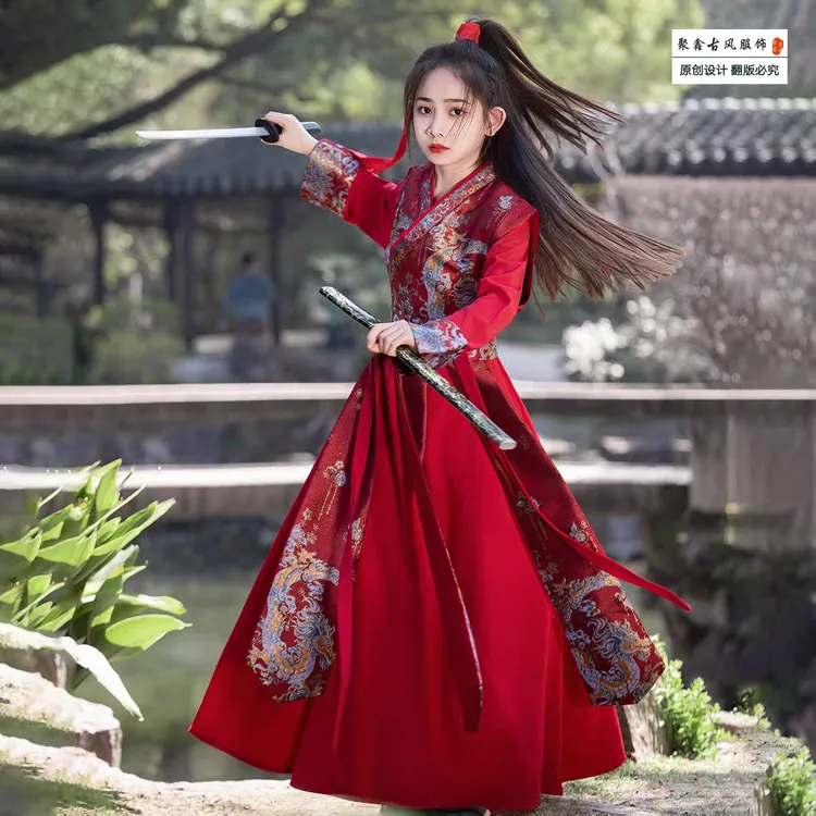 【龙舟红色】女童汉服花木兰服装中国风女将军古装武侠穆桂英演出服
