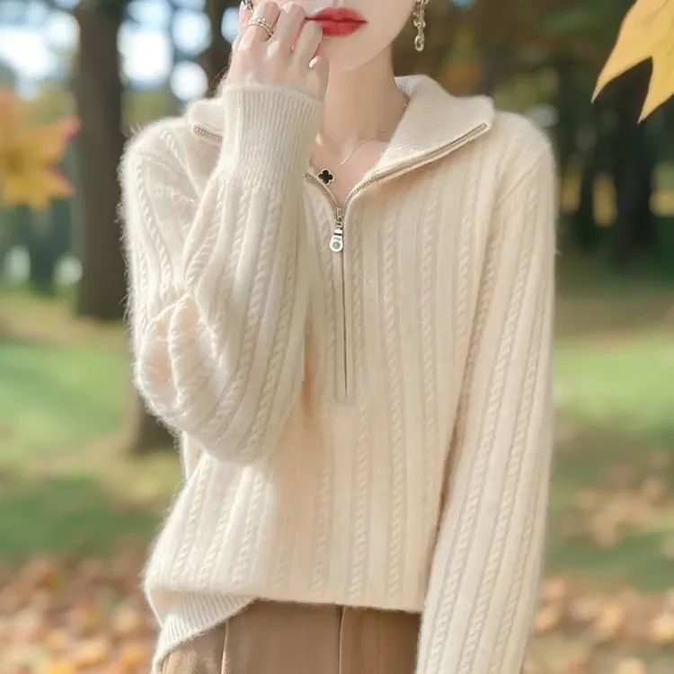 新款纯100羊绒衫女款半拉链半高领时尚大码厚款气质针织羊毛衫女