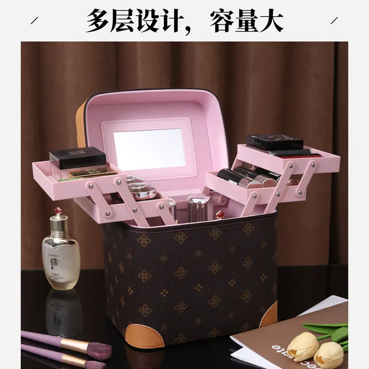 便携复古港风大容量化妆包手提护肤品收纳盒学生ins风多层化妆箱