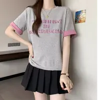T恤拼接拼色撞色短袖圆领珠片绣宽松字母休闲时尚014