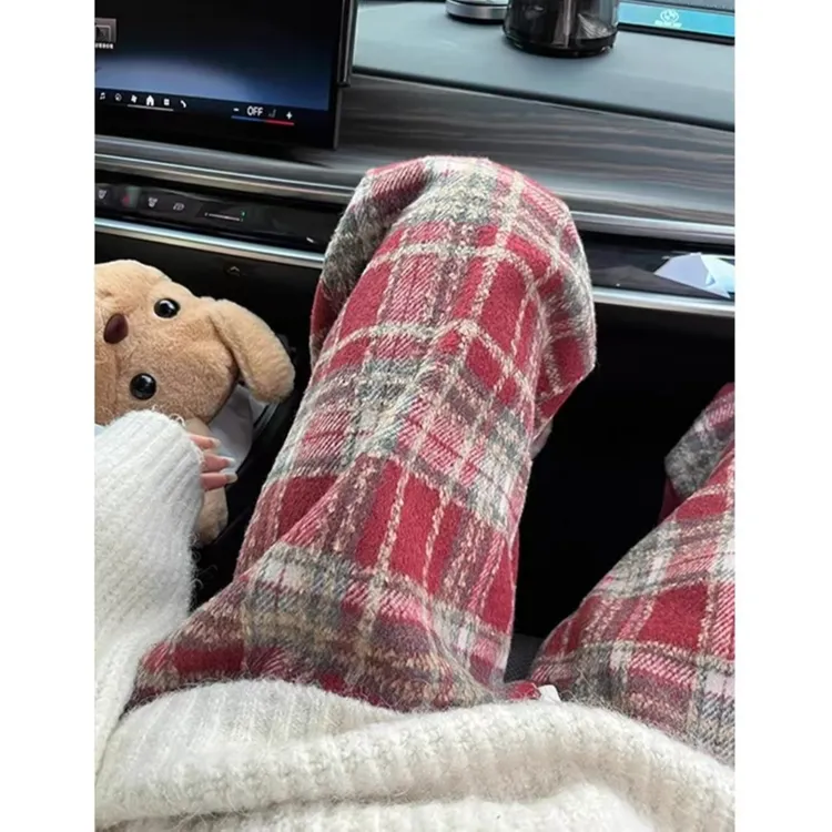 红色毛呢格子裤男秋冬加绒加厚裤子慵懒风松弛感穿搭直筒休闲长裤