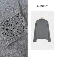 JIUNCCY【简爱】全羊毛拼接钩花边袖口舒适百搭打底针织毛衫42ZZ228