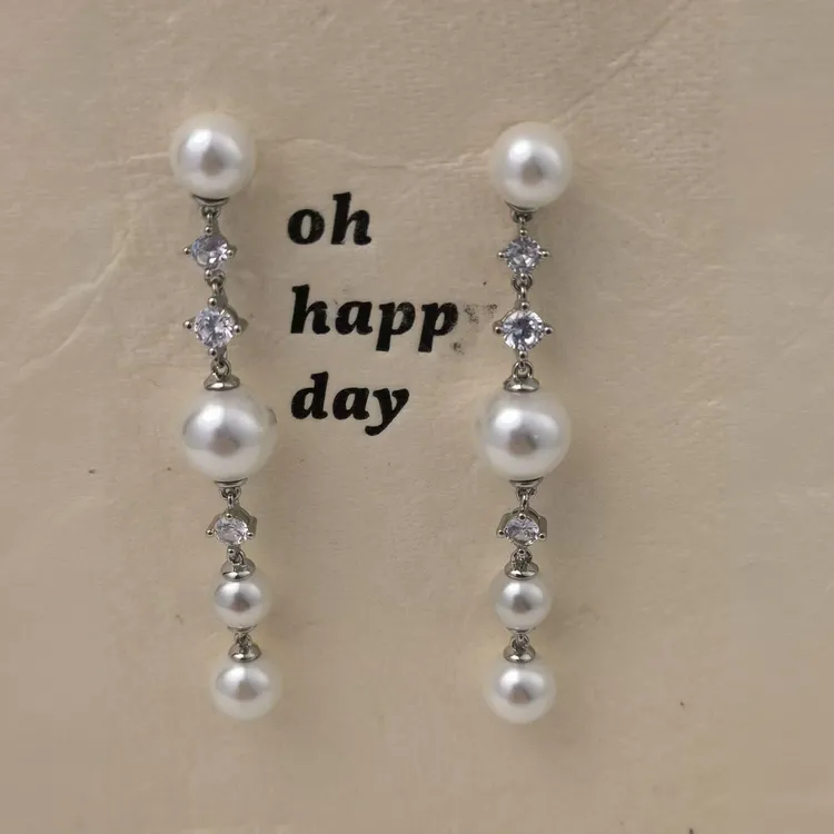 AUOOI 铜合金锆石耳饰 锆石S925耳针耳饰贝珠流苏款轻奢耳饰