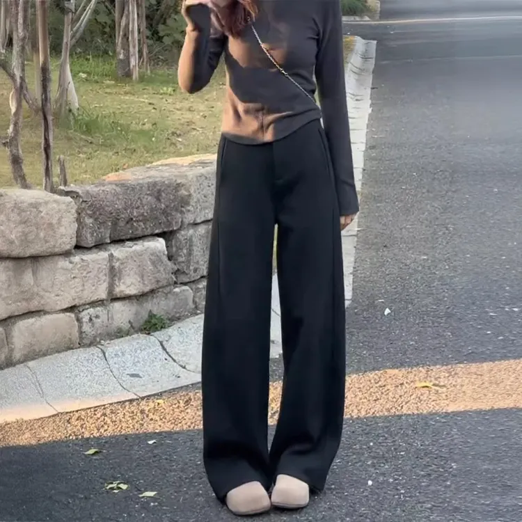 醋酸羊毛呢阔腿裤女秋冬加绒加厚显瘦糯米裤垂感窄版直筒西装裤子