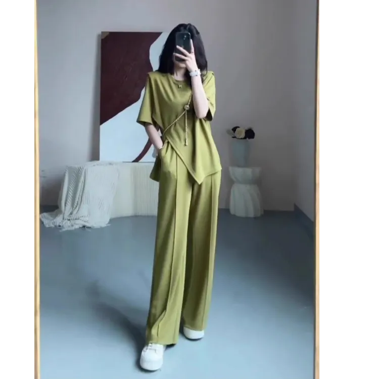 大码女装夏季冰丝针织休闲时尚套装微胖mm减龄宽松阔腿裤两件套女