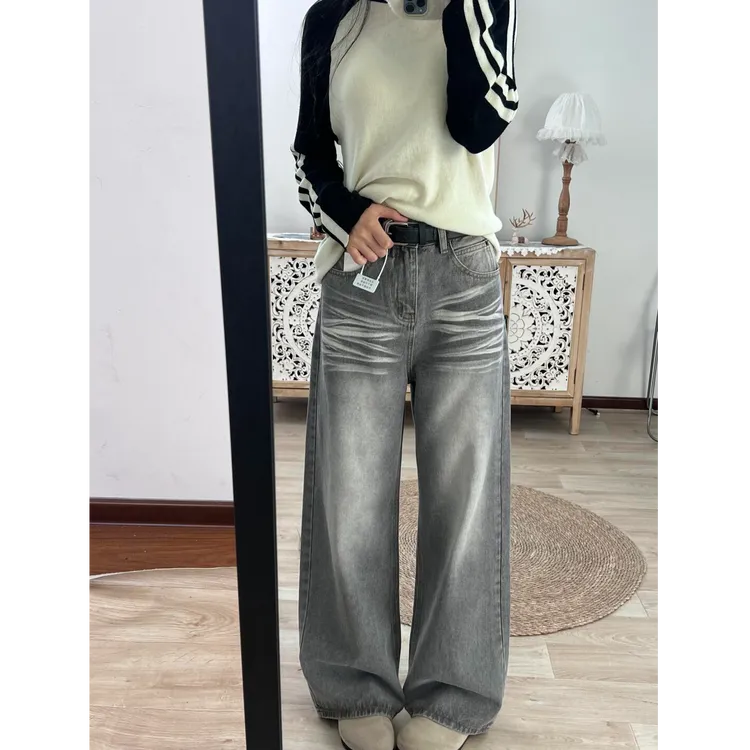 美式猫须波纹灰宽松阔腿牛仔裤女设计感辣妹高腰显瘦直筒拖地秋季