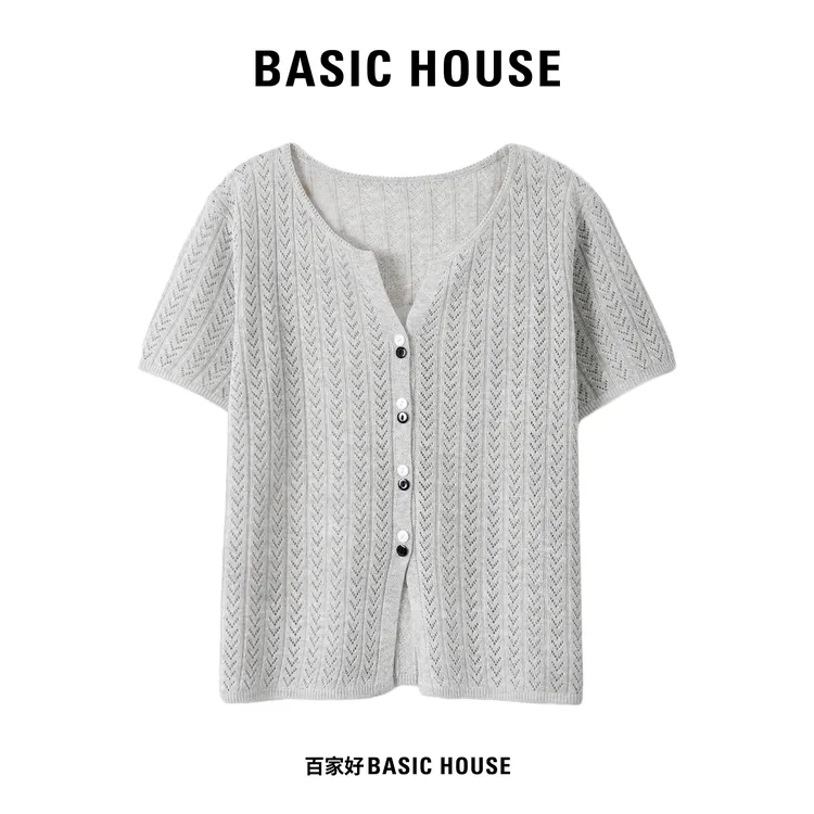 Basic House/百家好2025年新款V领镂空双扣短袖针织衫5512 MM