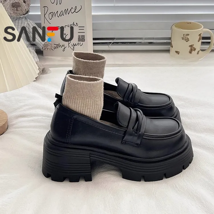 三福时尚休闲鞋单鞋女春秋新款乐福小皮鞋松糕女鞋粗跟厚底女鞋女