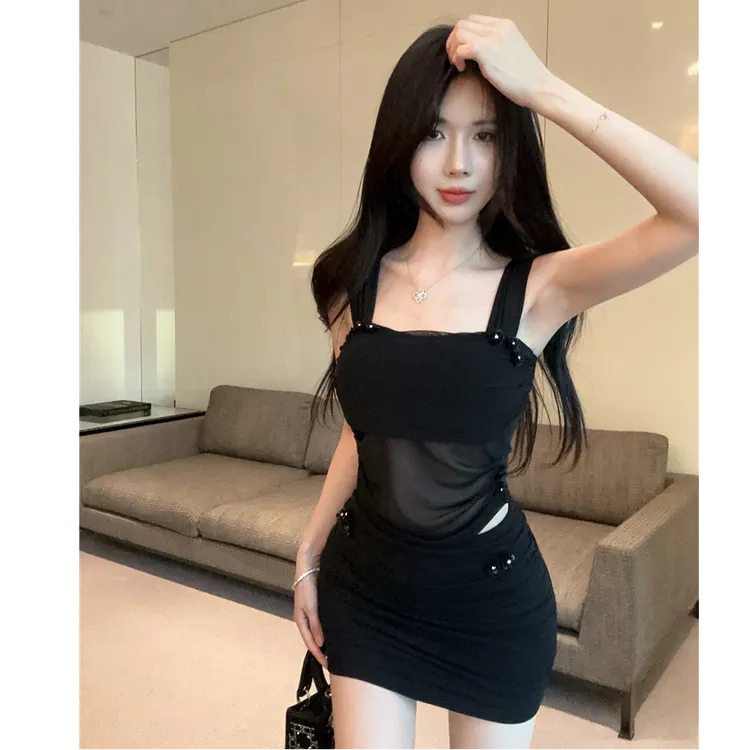 辣妹风碎钻网纱拼接抹胸吊带纯欲修身收腰上衣配显瘦高腰半身裙女