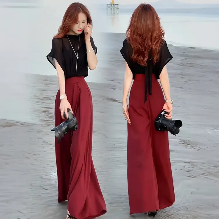 时尚套装女2025夏季新款洋气显瘦雪纺衫高腰阔腿裤气质减龄两件套