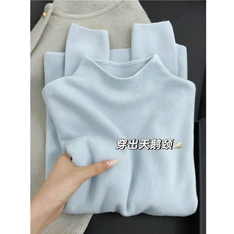 2025新款海盐蓝chic半高领毛针织衫女秋冬叠穿小立领气质打底上衣