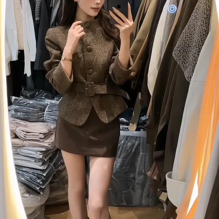 【复奢棕韵】美拉德轻熟风套装女装收腰显瘦系带短外套短裙两件套