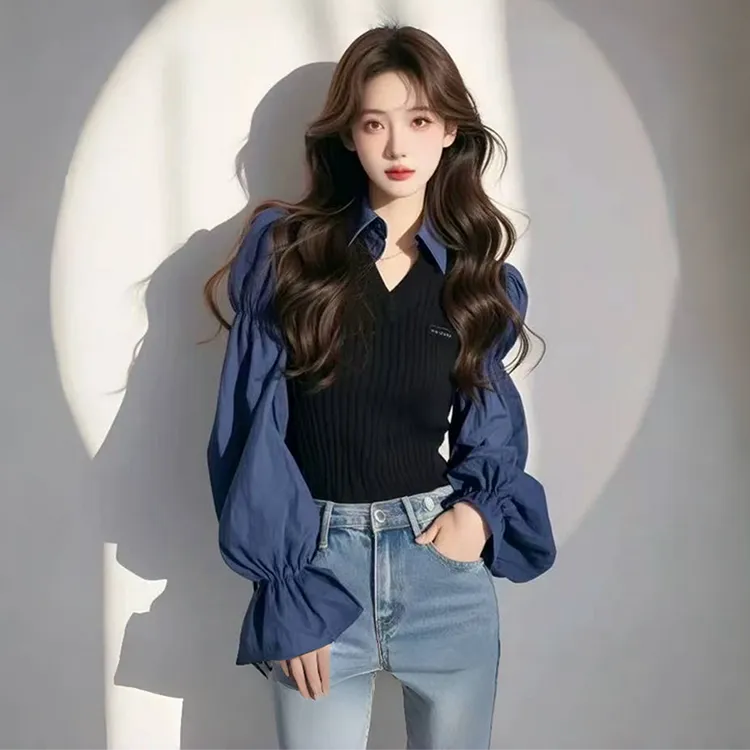 时髦高级气质修身显瘦假两件针织衫女2025春季新款小众设计上衣潮