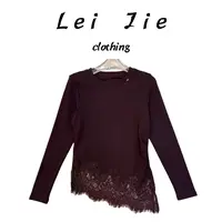 【Lei Jie】欧货蕾丝斜角下摆圆领长袖T恤330