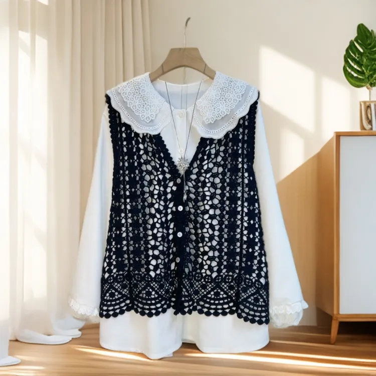 大码女装V领前绑带勾花马甲胖MM韩版学院风减龄蕾丝翻领长袖衬衫