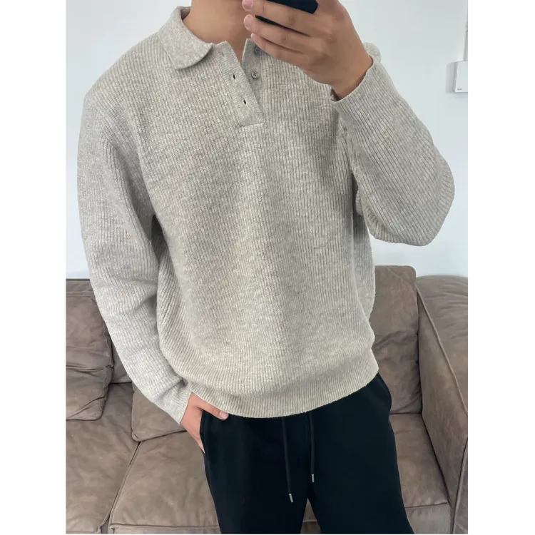 韩版简约成熟男士polo领毛衣针织衫纯色秋冬季长袖纽扣休闲打底衫