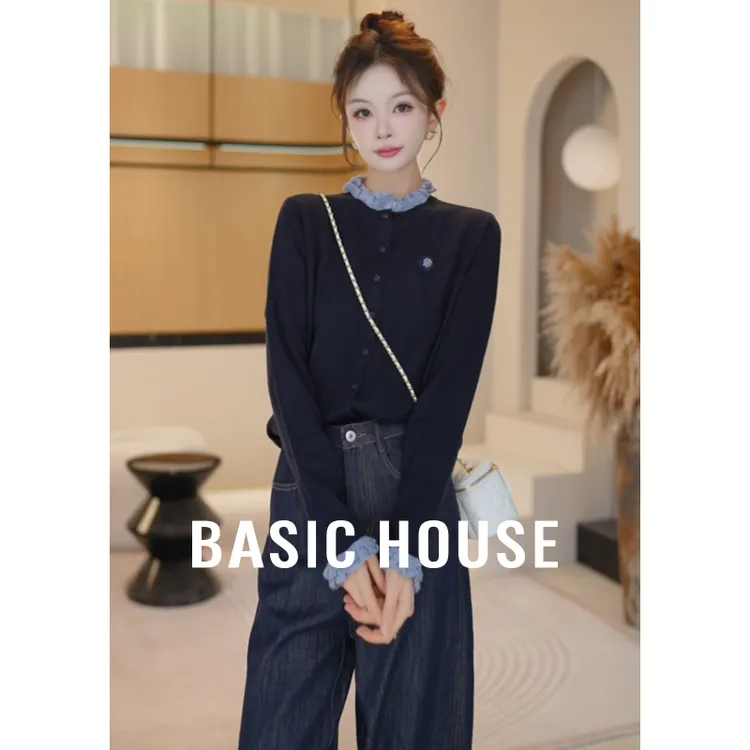 Basic House/百家好秋季新款圆领单排扣针织开衫B1195B5Z122