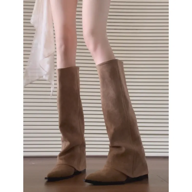复古坡跟不过膝裤管靴女2025年秋冬新款尖头绒面骑士靴显瘦时装靴