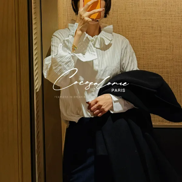 韩彬彬"花瓣衬衫"桑蚕丝花瓣领极简清新百搭气质条纹白衬衫3380-8