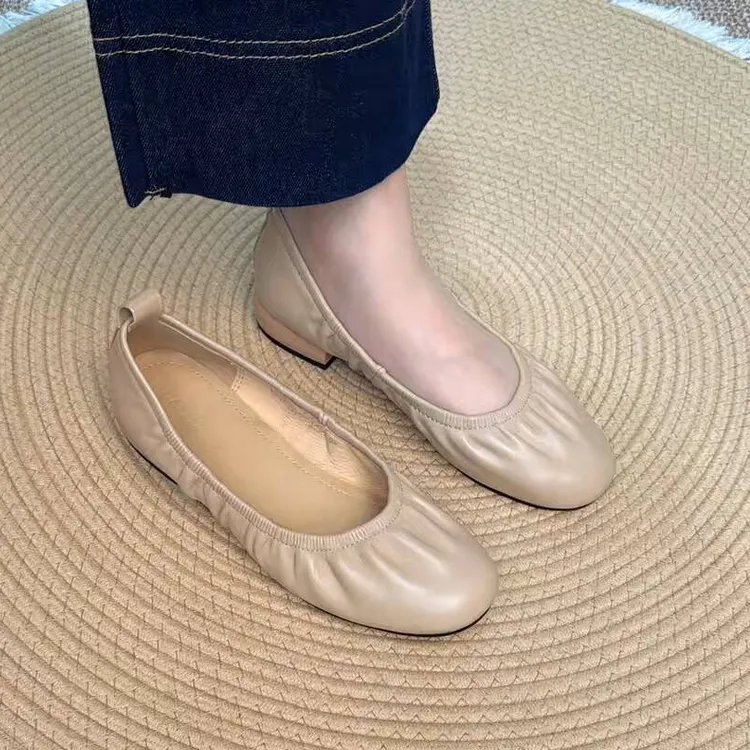 全软羊皮奶奶鞋2025新款平底鞋真皮浅口单鞋软底豆豆鞋意大利爆款