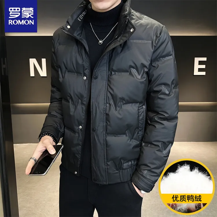 罗蒙羽绒服男士免洗压花轻薄保暖休闲立领白鸭绒棉服冬季夹克外套