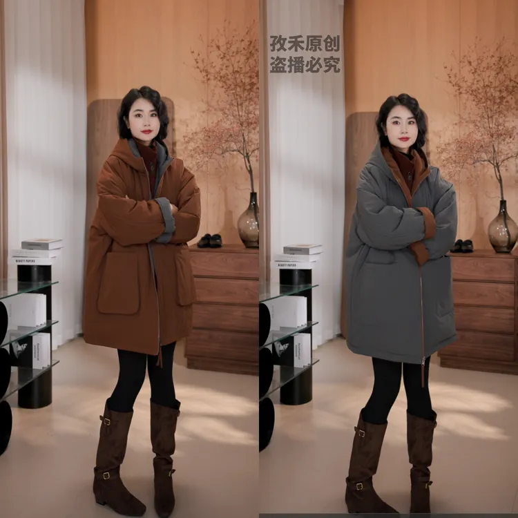 孜禾冬季正反两穿连帽棉衣显瘦减龄宽松百搭中长款女士外套保暖