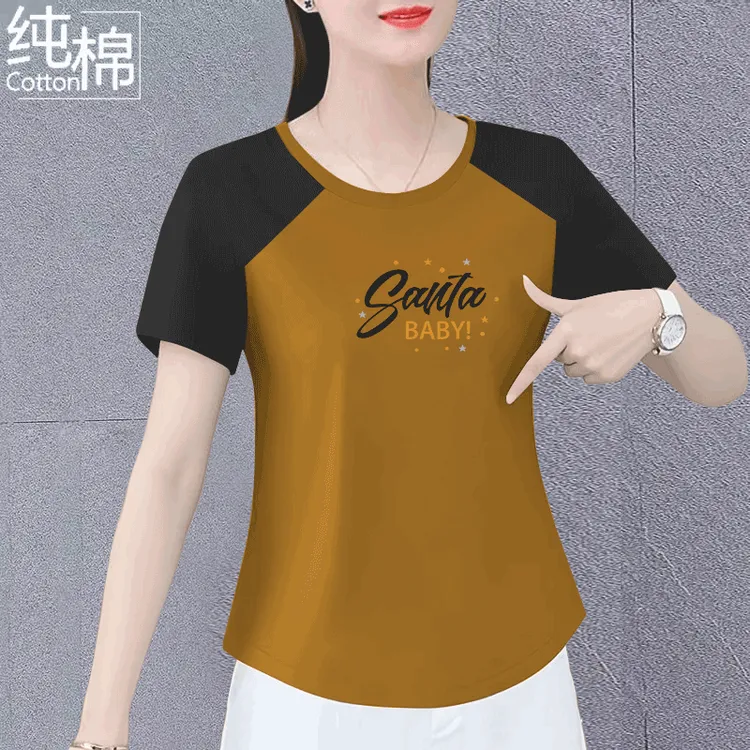 100纯棉短袖夏季休闲女装韩版宽松大码圆领弧形下摆遮肉百搭体恤