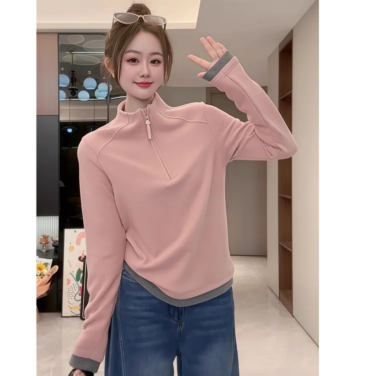 双面德绒半拉链立领打底衫女士秋冬新款时尚显瘦保暖长袖卫衣上衣