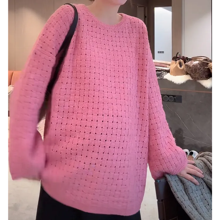 时尚韩版慵懒风百搭圆领宽松毛衣女2025新款秋季镂空长袖针织衫
