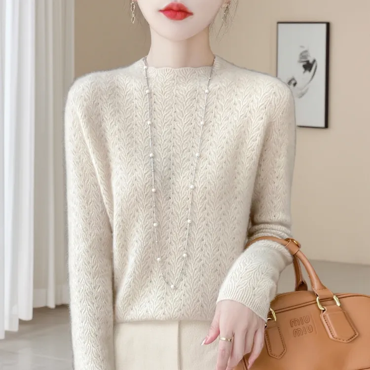 提花羊绒衫女100%亲肤绒秋冬新款针织百搭加厚镂空毛衣羊毛打底衫
