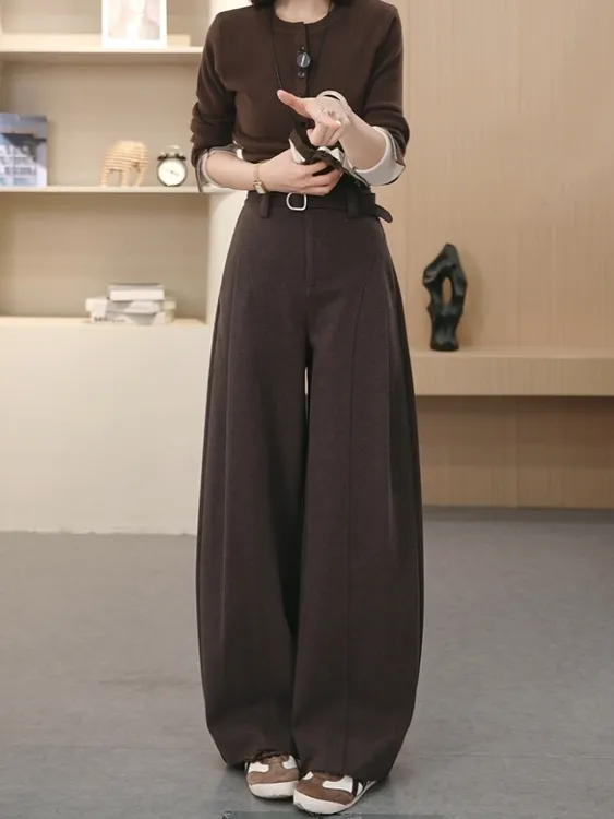 《送腰带》2025秋冬厚款毛呢贝斯裤女休闲裤加厚宽松直筒裤显瘦阔腿