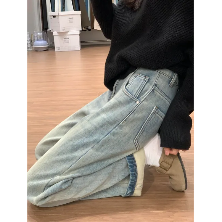 美式黄泥蓝窄版阔腿牛仔裤女秋冬加绒加厚小个子直筒高腰显瘦拖地