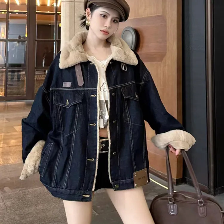 C冬季新款时尚韩版宽松复古水洗加绒加厚牛仔外套女百搭ins上衣潮