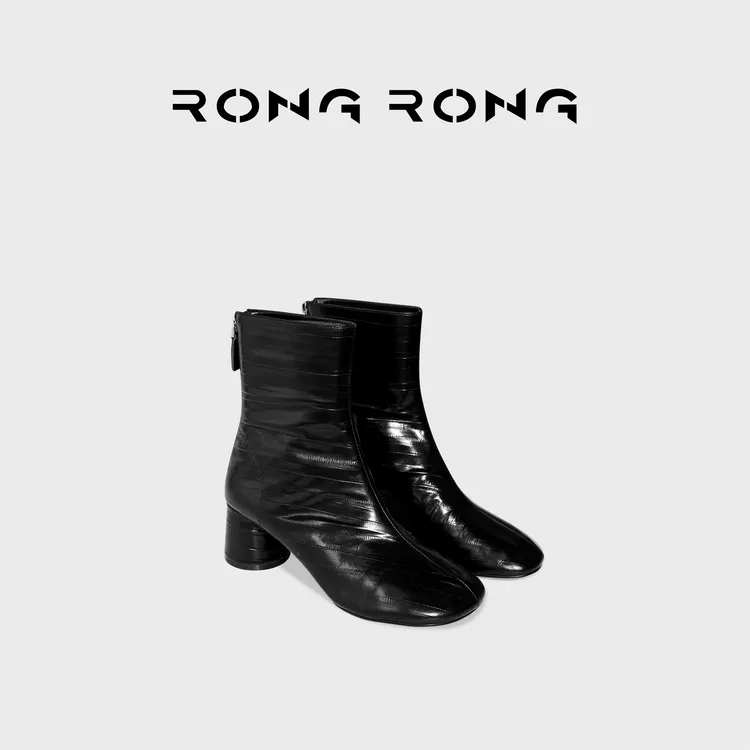 溶溶RONGRONG 头层牛皮极简鳗鱼纹中筒靴女士靴0908XX