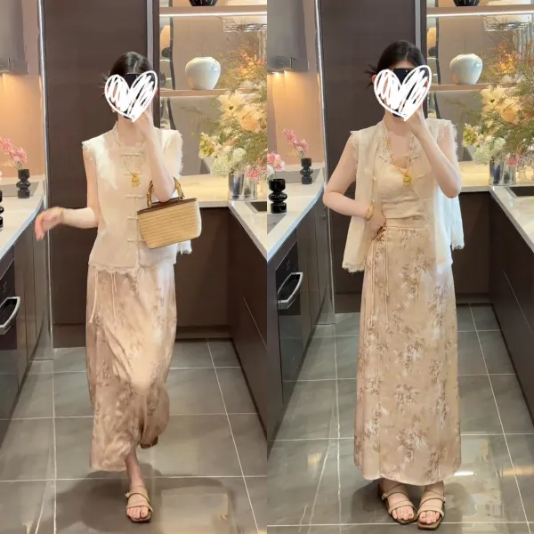 2025新款新中式透气蕾丝边刺绣上衣复古竹叶提花高腰半身裙两件套