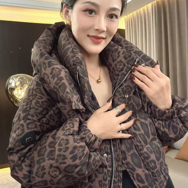 【耿老板1254#M】时尚豹纹精致短款高级感白鸭绒羽绒服