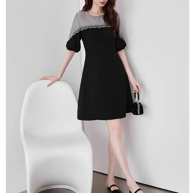 法式夏季新款大码女装高级感气质假两件收腰A字裙显瘦胖MM连衣裙