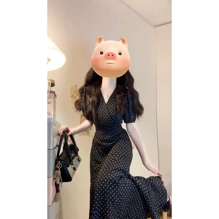 大码【暗香疏影】波点v领连衣裙夏季新款设计感收腰显瘦气质鱼尾裙