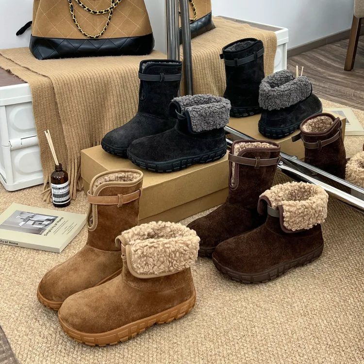 翻折两穿加绒保暖雪地靴女2025年冬季新款复古增高中短筒勃肯棉鞋