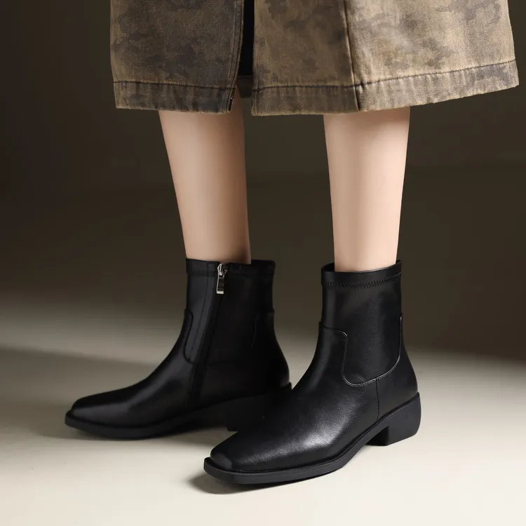 JN5X03/羊皮/4cm【Veyra】秋冬新款百搭方头弹力女士靴粗跟复古拉链