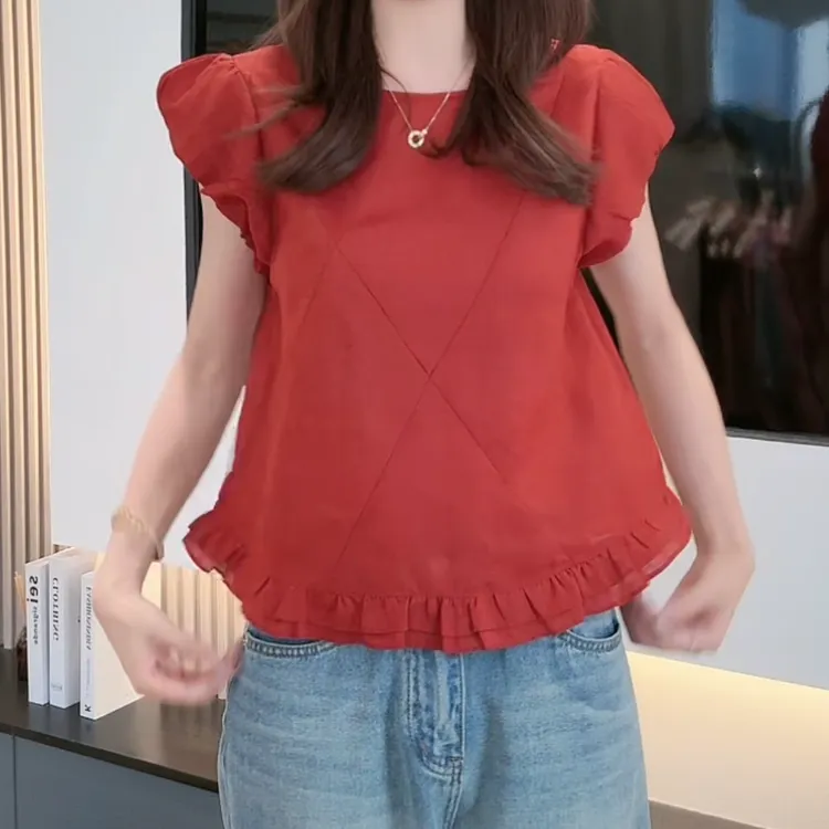 时尚设计感潮流百搭圆领衬衫女2025年夏季新款不规则下摆短袖衬衣