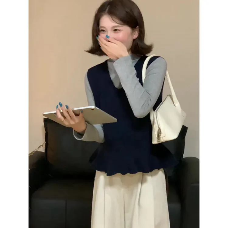 秋季气质一整套ootd穿搭小个子韩系通勤藏青色背心打底衫叠穿套装