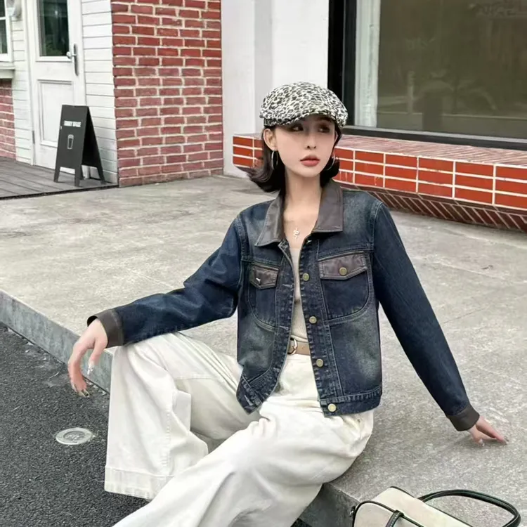 6802衣长55牛仔短外套拼接皮领秋时尚洋气减龄小个子夹克短款上衣