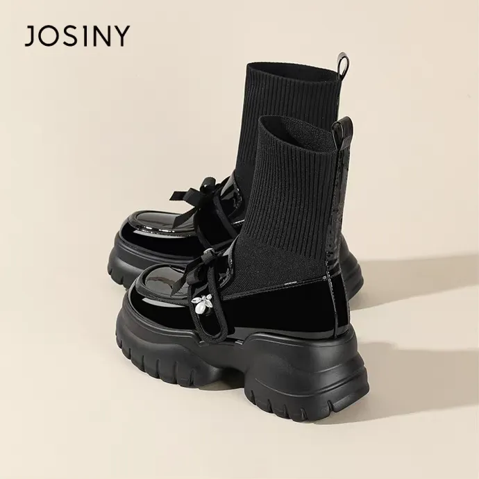 卓诗尼休闲风圆头显瘦休闲女2025冬季新款蝴蝶结黑色中筒女靴筒靴