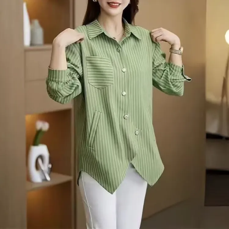2025宽松上衣秋季遮肉显瘦大码衬衣中长款长袖衬衫外套女