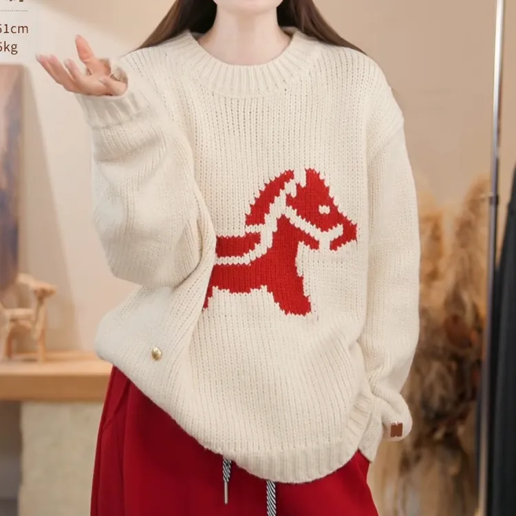 新款冬季韩系慵懒风小马提花圆领宽松毛衣LK2509149