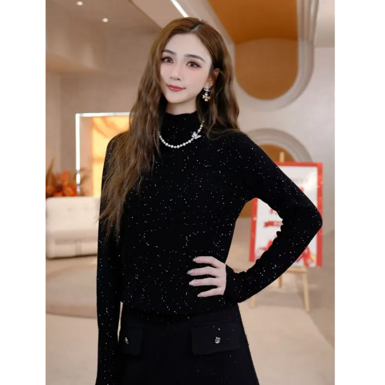 COCO BECCI【朦胧月光】100绵羊毛半高领细闪珠片针织衫CFJJD253031